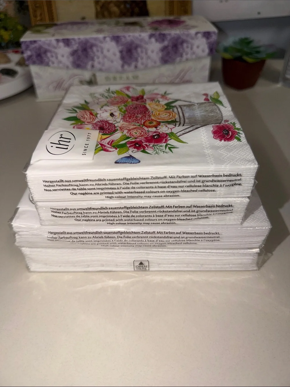 ihr White Pink Yellow Green Watering Can Floral Bouquet Napkins x 4 packs
